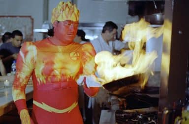Human Torch costume on fire