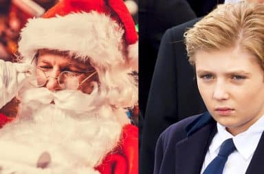 Barron Trump in a suit and Santa Claus reading a letter