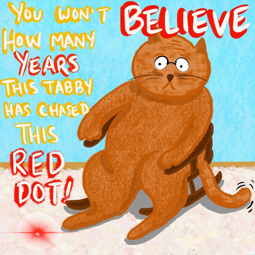 You won't BELIEVE how many YEARS this tabby has chased this RED DOT! [Old tabby cat wearing glasses is sitting in a rocking chair with that red dot on the floor nearby.]