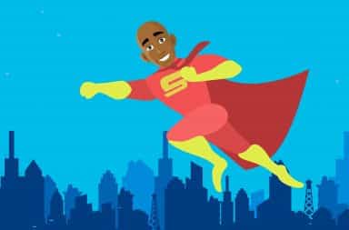 superhero flying around the city