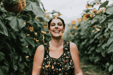 Woman outside laughing